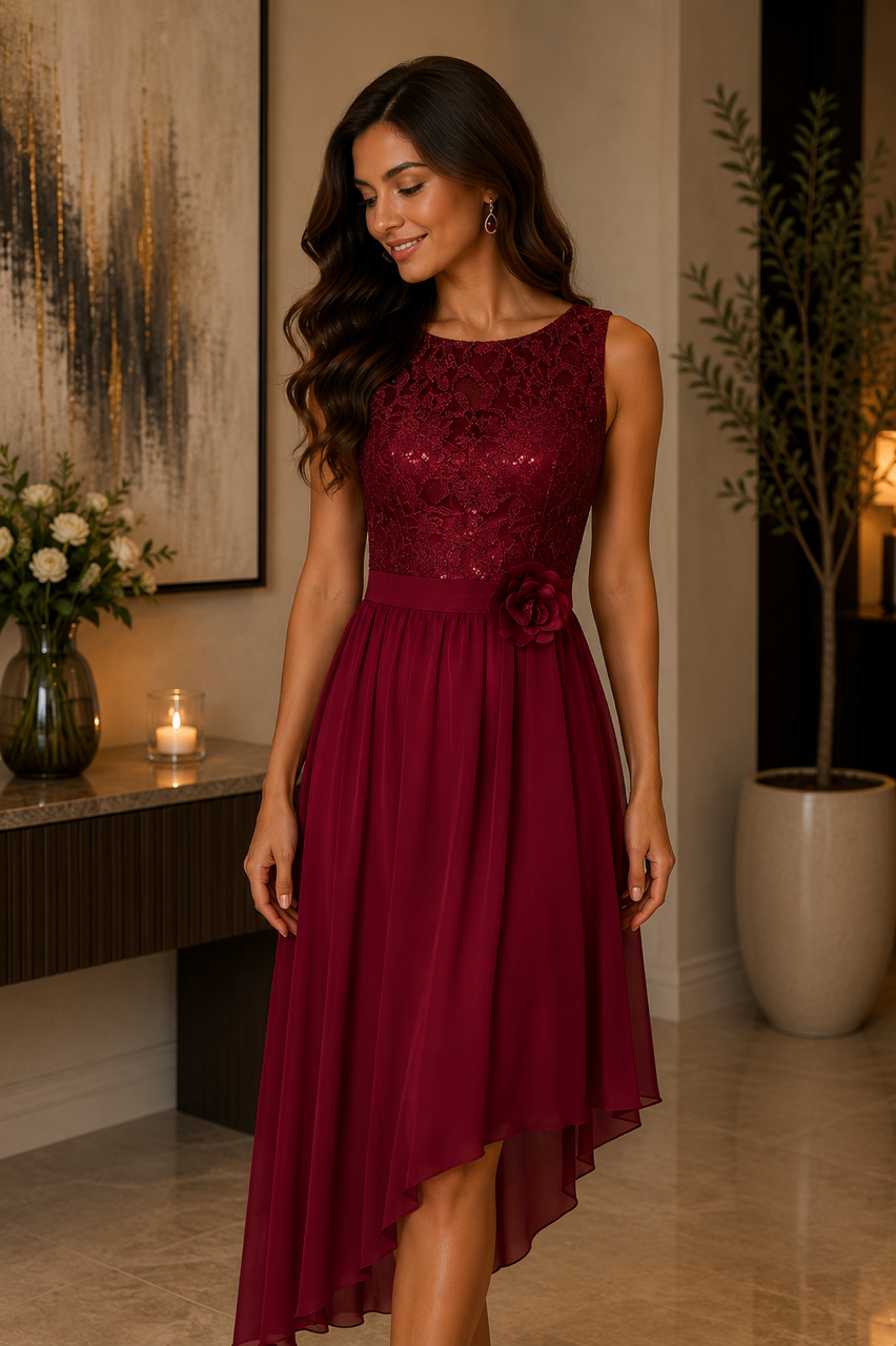 Burgundy Lace High-Low Party Dress
