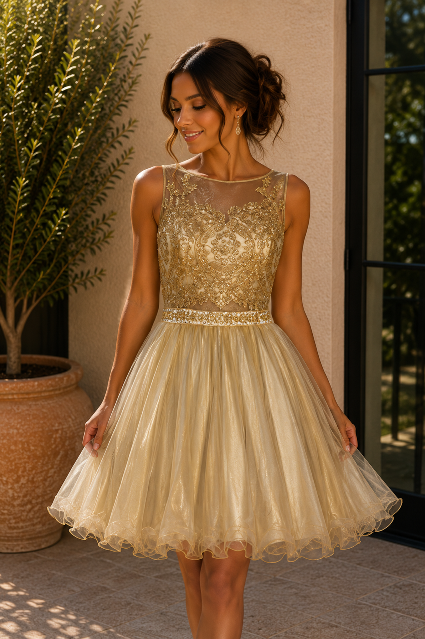 Gold Embroidered Illusion Neckline Homecoming Dress