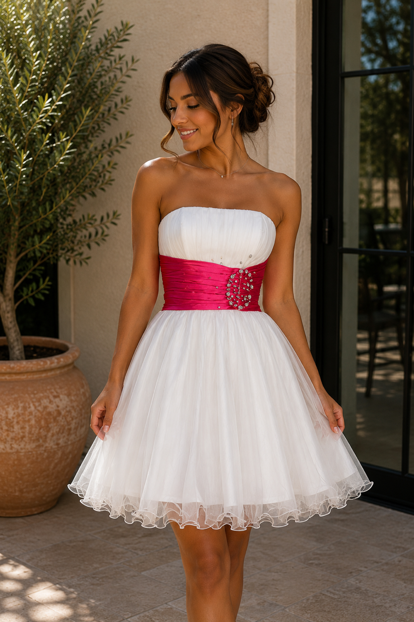 White Strapless Tulle Dress with Fuchsia Accent