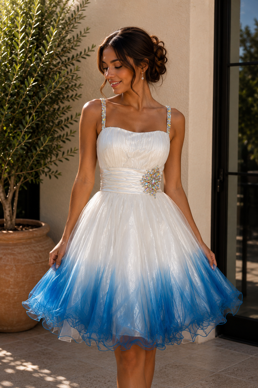 White and Blue Ombre Rhinestone Party Dress