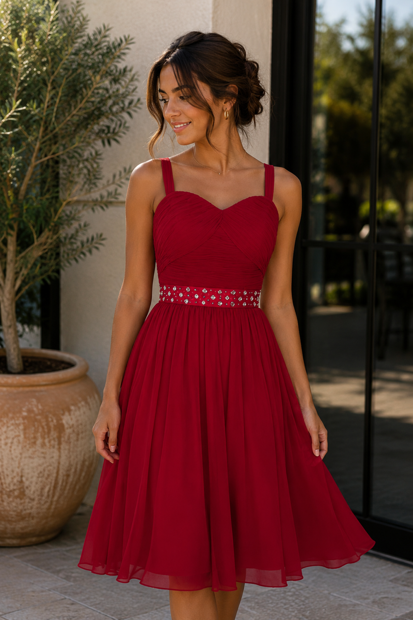 Sweetheart Red Chiffon Fit & Flare Dress