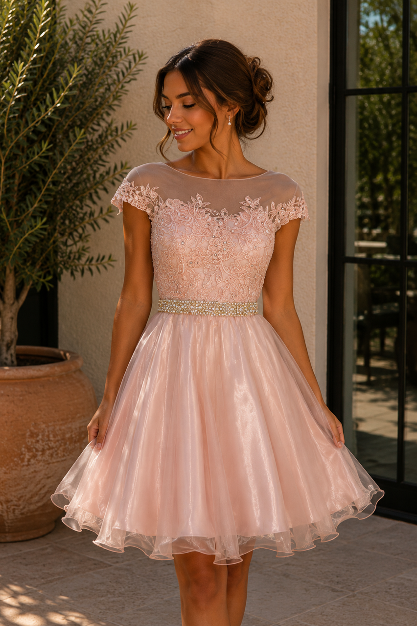 Blush Lace Illusion Neckline Homecoming Dress