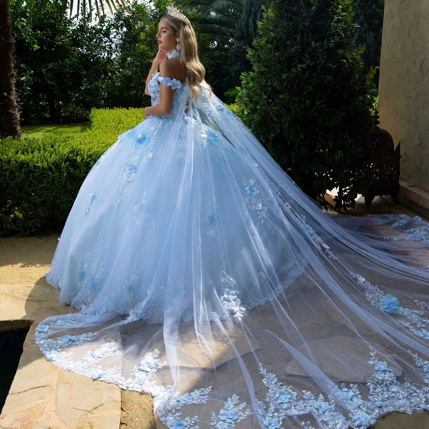 Celestial Blossom Ballgown with Ethereal Veil Train