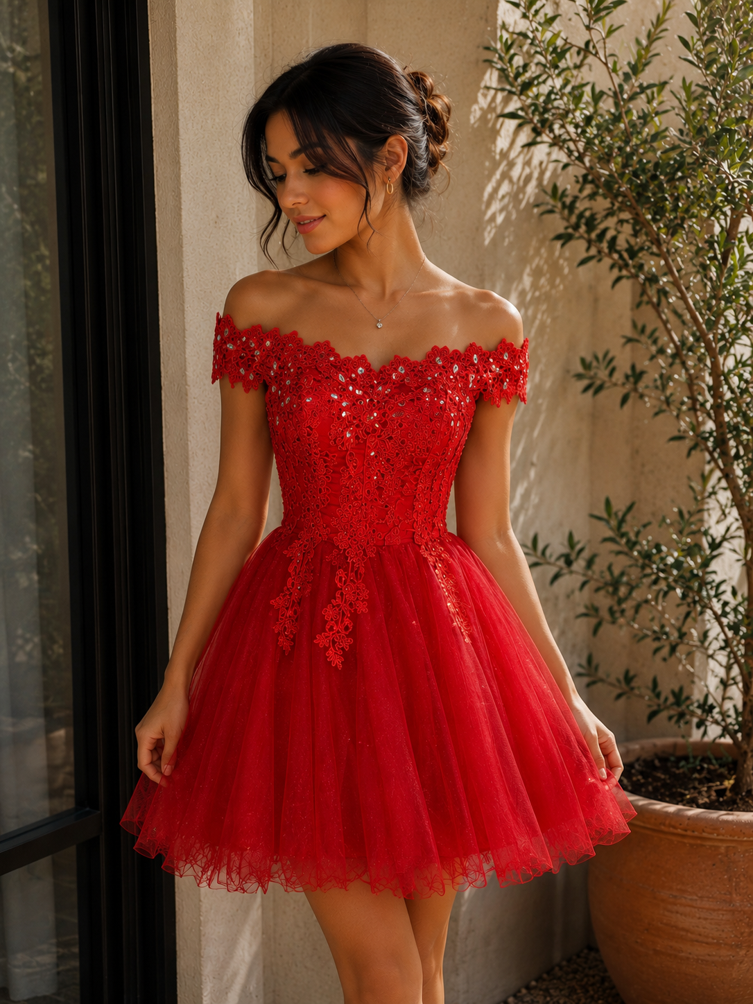 Ruby Romance Off-Shoulder Tulle Mini Dress