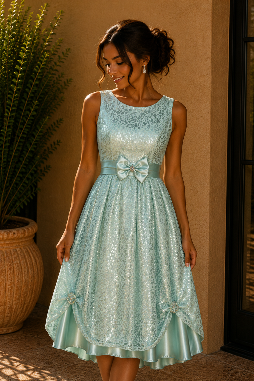 Mint Sparkle Bow Tea-Length Dress