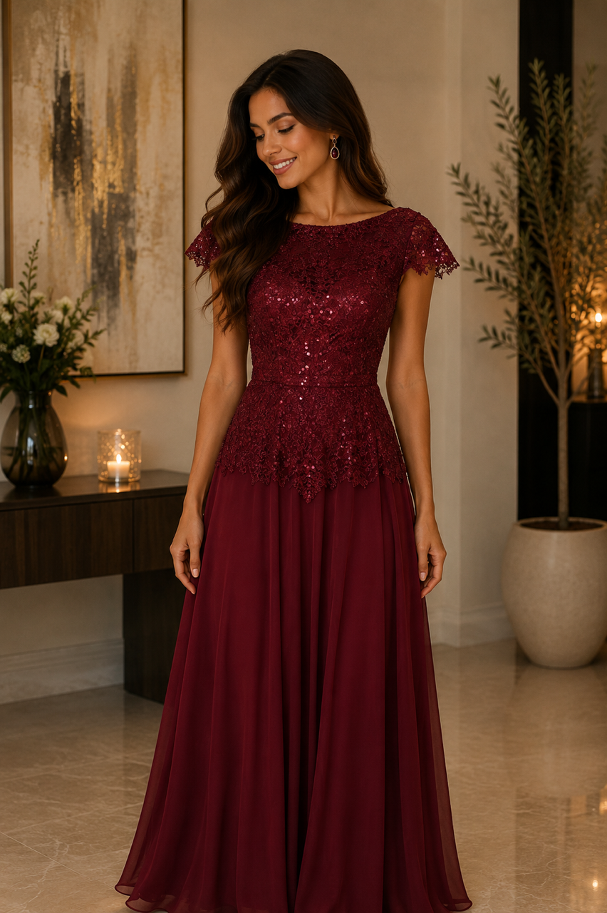 Burgundy Lace Chiffon Evening Gown
