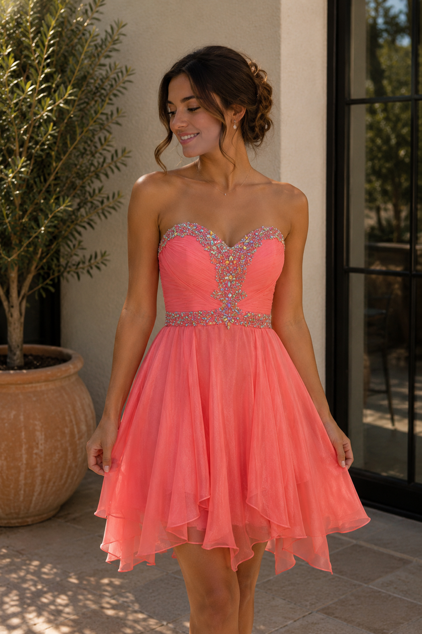Coral Crystal Embellished Homecoming Dress