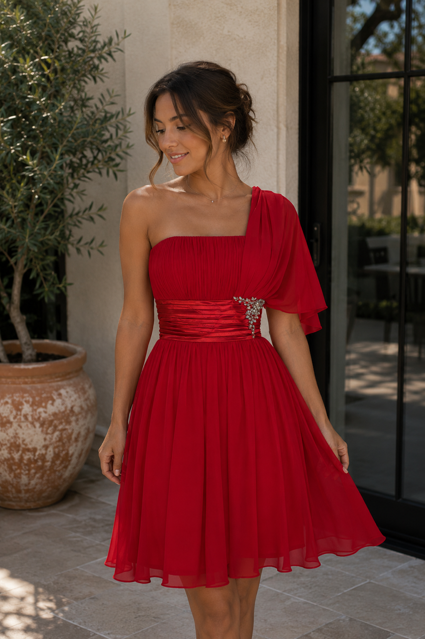 One-Shoulder Red Chiffon Dress